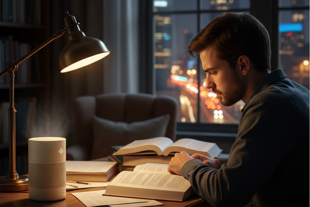 Man studying at night using a Noise Generator speaker for Noise for focus.