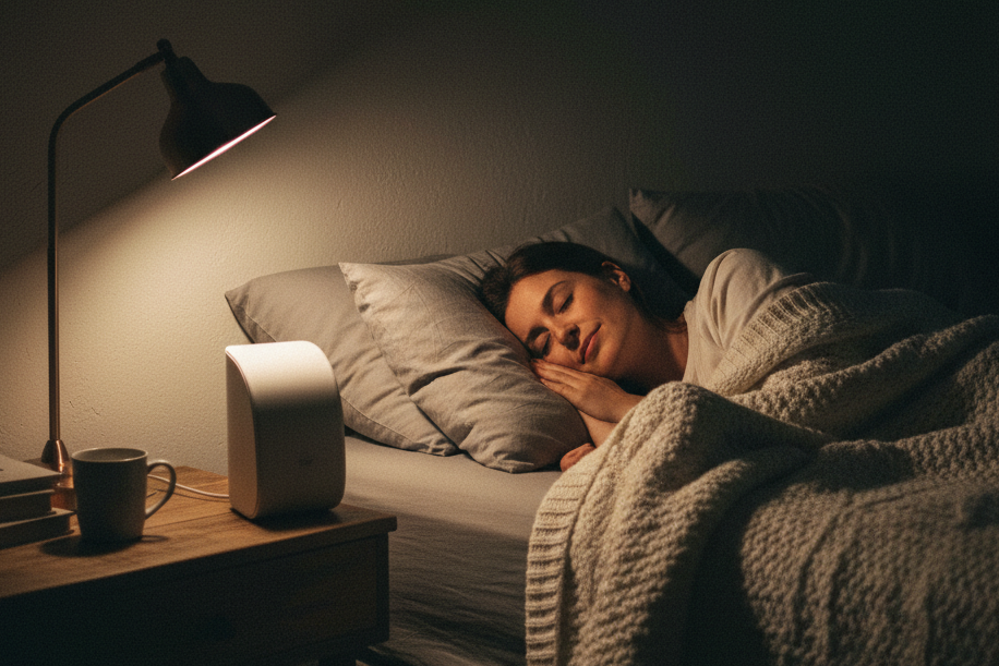 Woman sleeping peacefully with a Noise player device providing Noise for sleep.