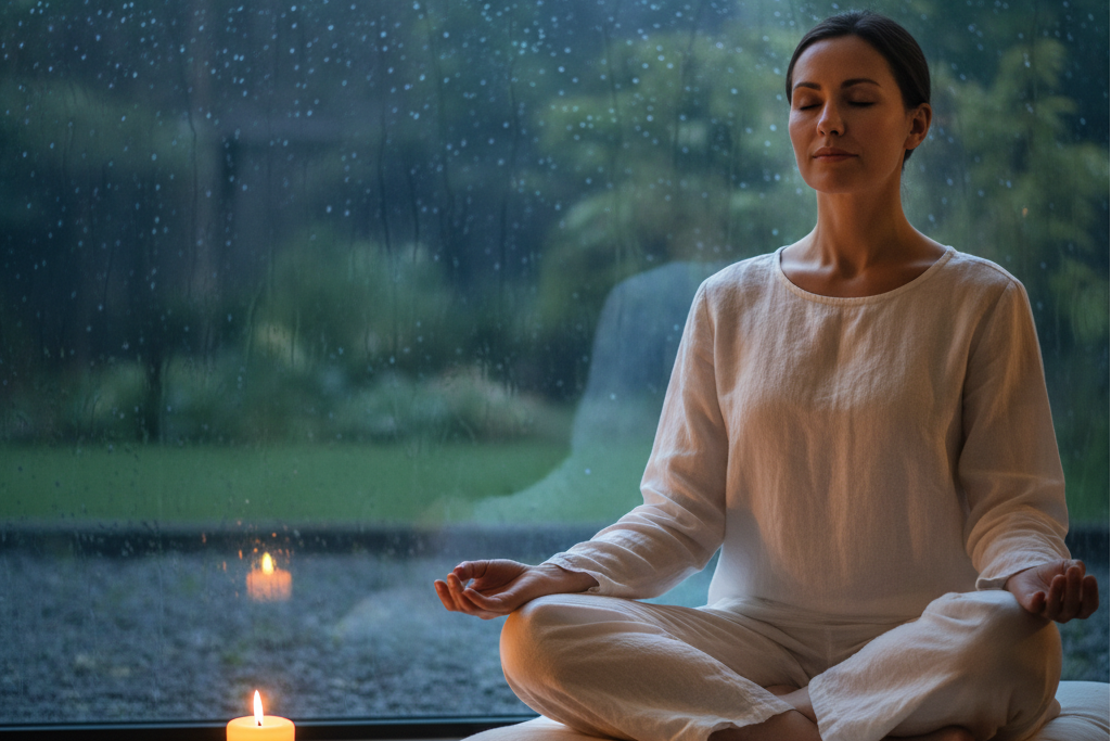 Woman meditating by a rainy window using Noise online sounds from a Color Noise generator.