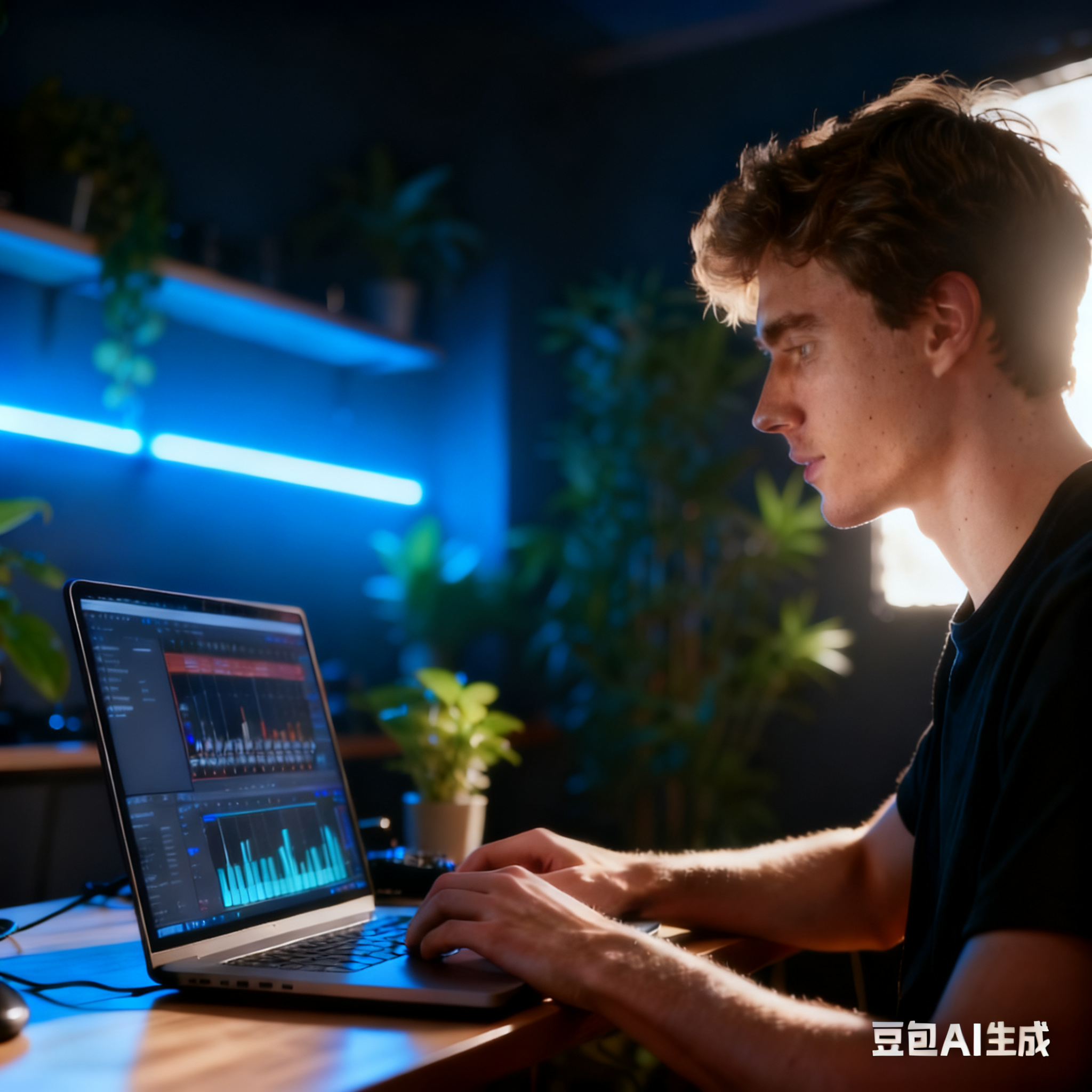 Content creator editing trending music for TikTok and YouTube using a slowed reverb generator on a laptop.
