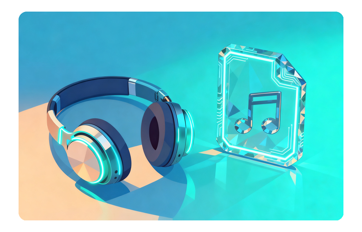 Blue headphones next to a glowing crystal music note icon, symbolizing the crystal-clear sound quality from the Best Slowed + Reverb Generator.
