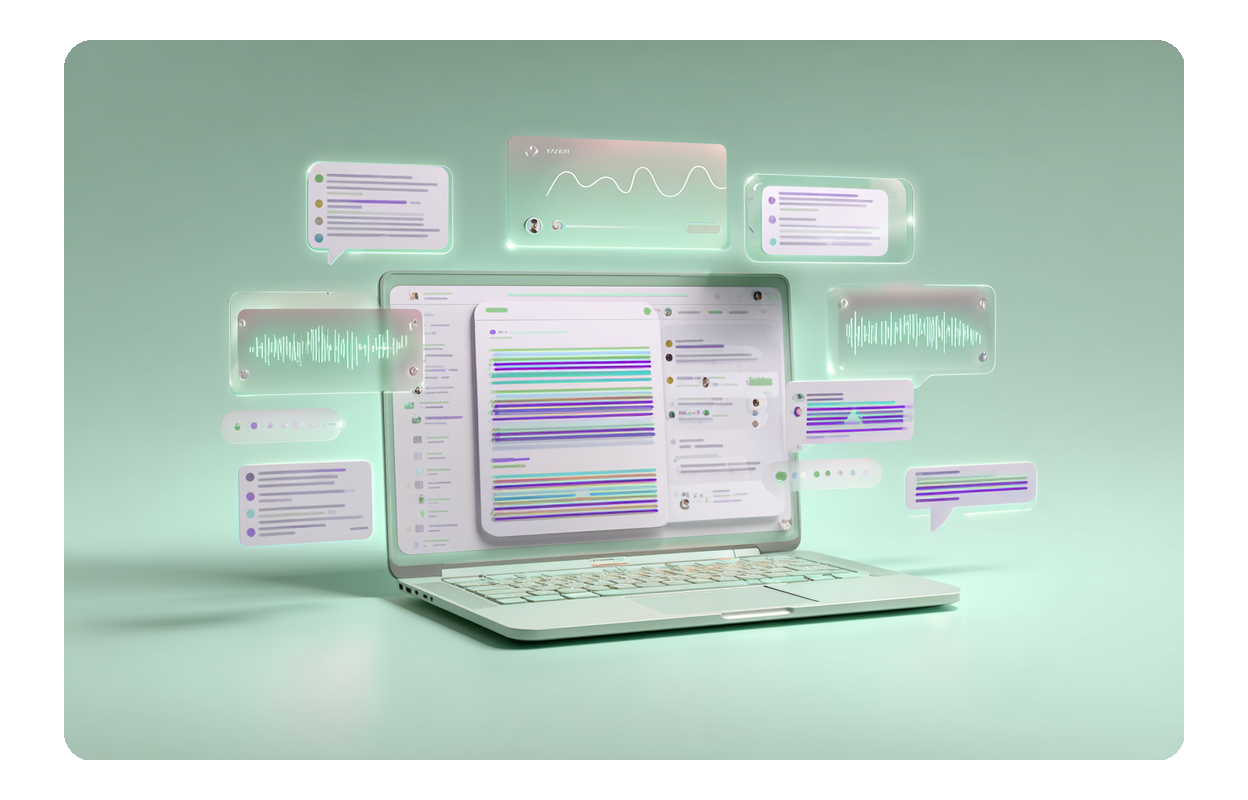 Laptop screen displaying generated rhymes and floating text bubbles from the AI rap lyrics generator.