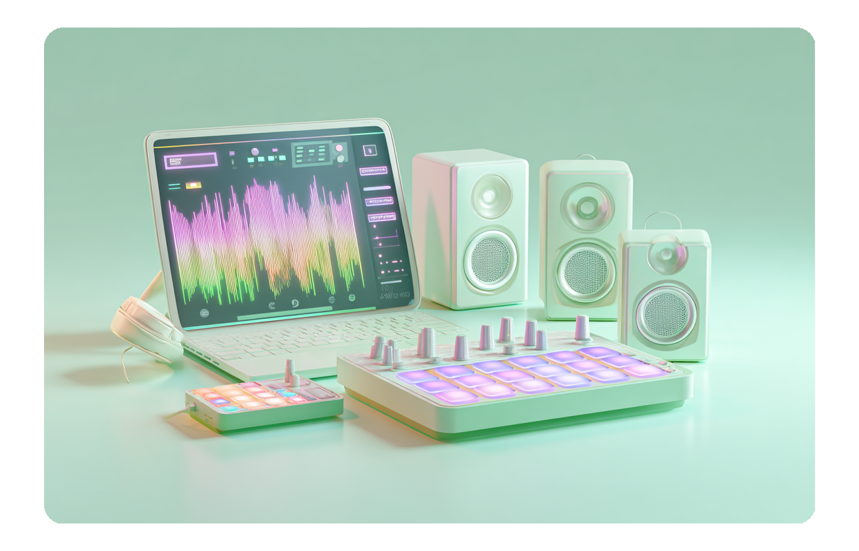 Virtual studio setup demonstrating the AI rap song generator's ability to combine beats, lyrics, and vocals into a finished song.