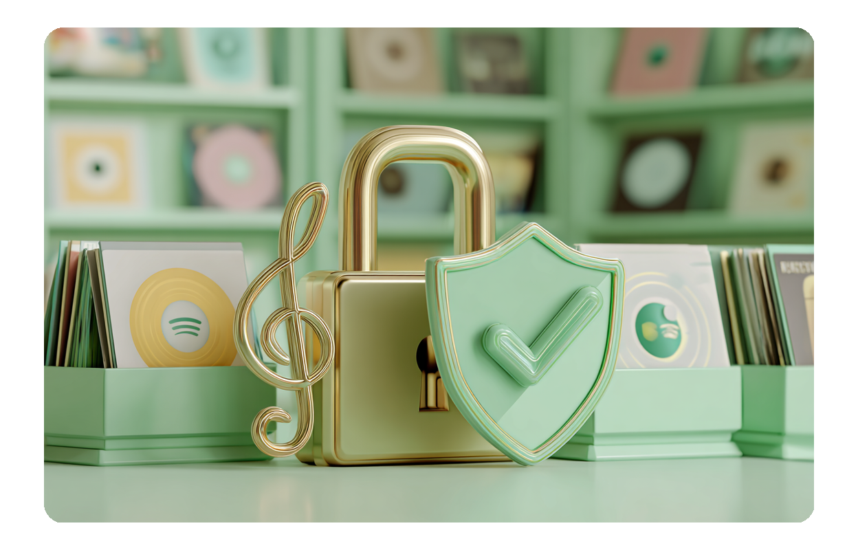 Gold lock and shield protecting vinyl records, symbolizing free commercial rights and ownership of tracks from the AI rap generator.