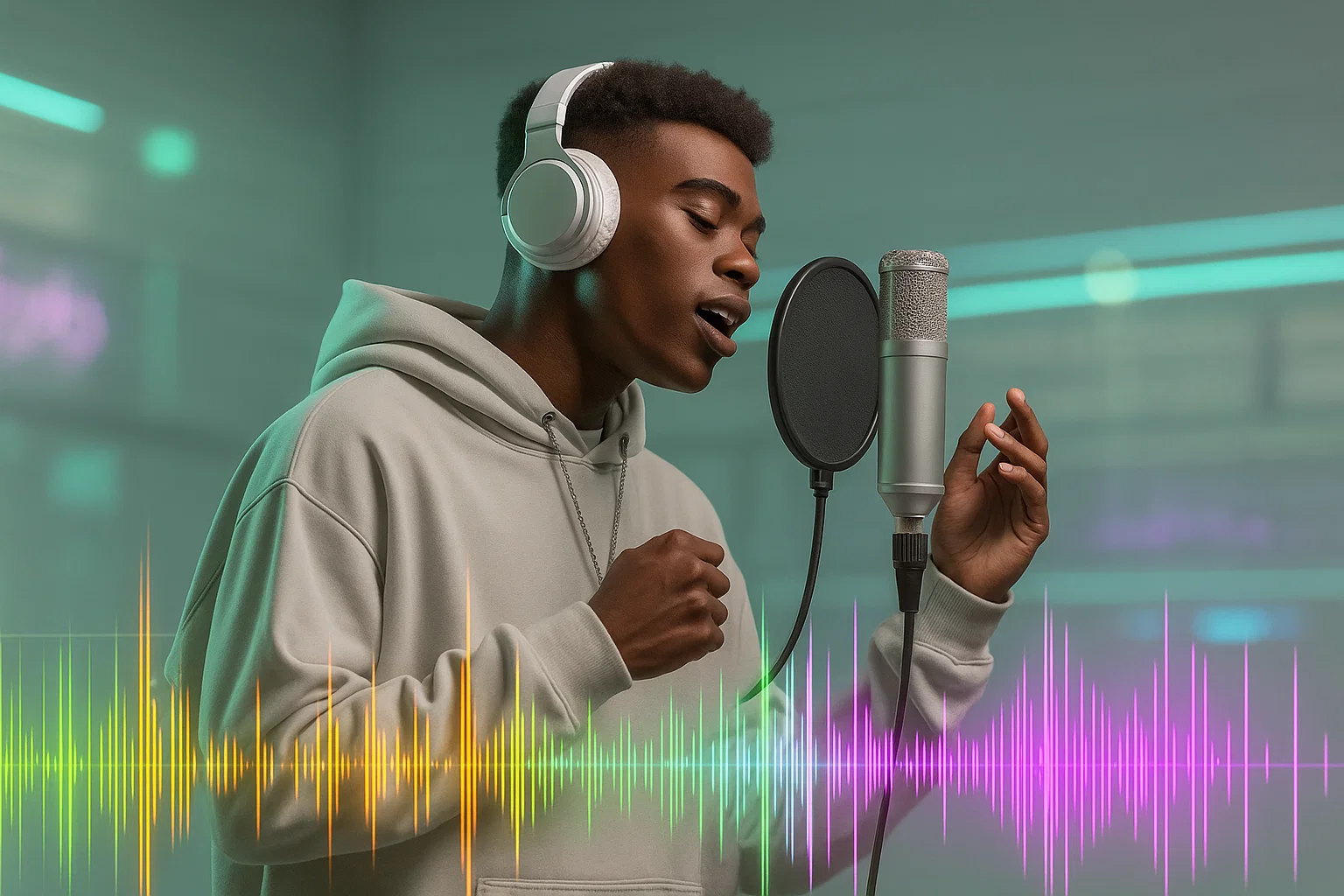 Aspiring artist rapping into a microphone with colorful sound waves, finding inspiration and fresh beats using the AI rap generator.