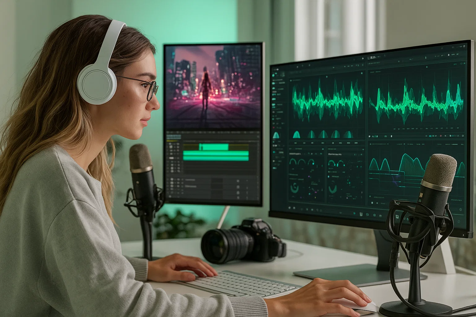 Content creator editing video and audio on dual monitors, using the AI rap generator to produce royalty-free background tracks.