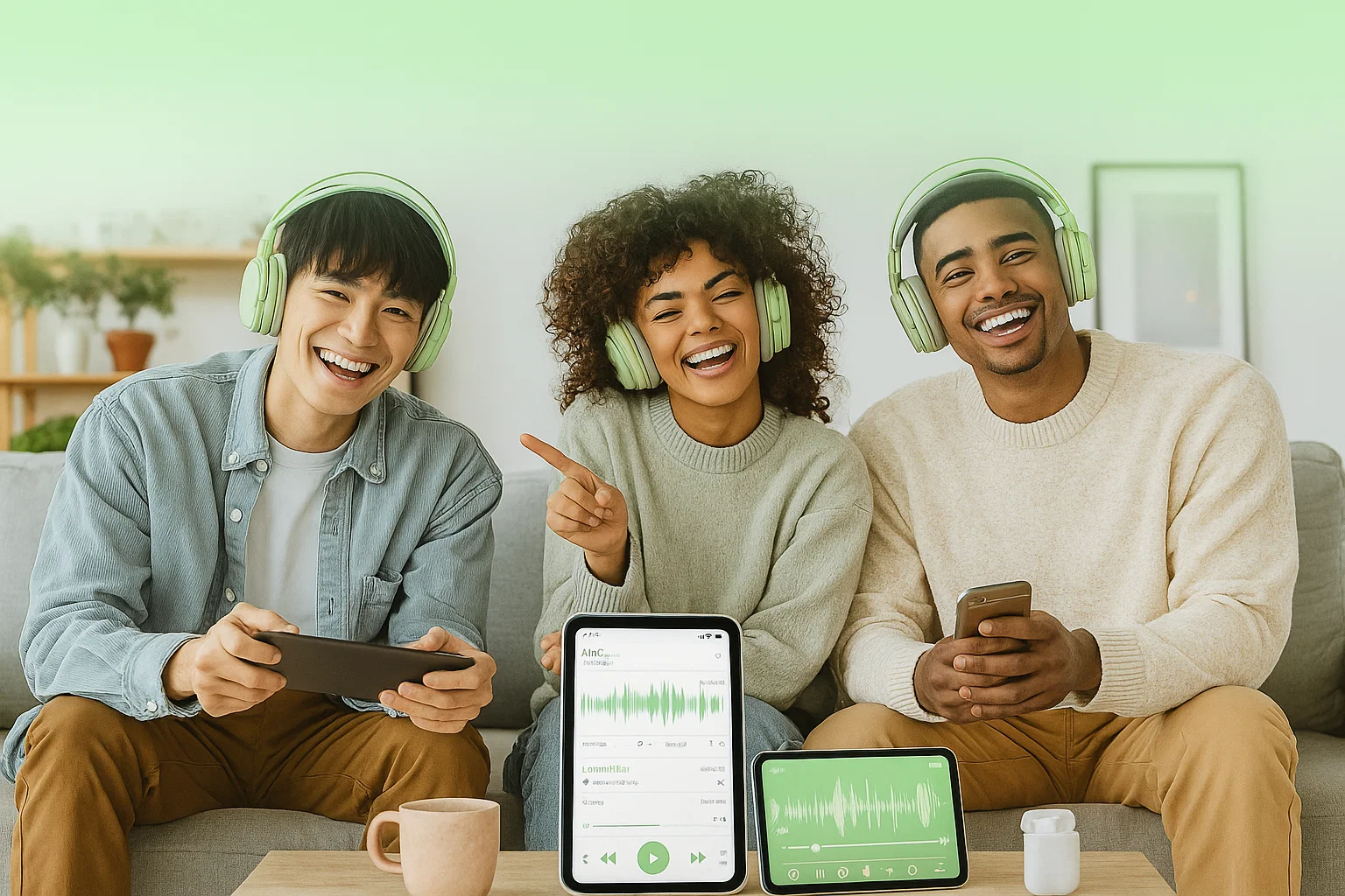 Group of songwriters collaborating on mobile devices, using the AI rap generator to quickly prototype tracks and generate lyrics.