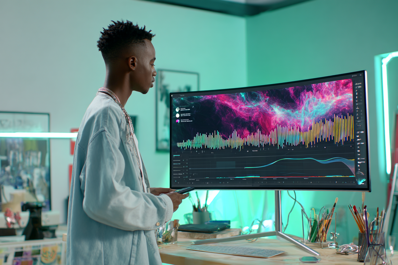 Content creator with a camera and speaker, using image to audio AI to generate background music for videos on a laptop.