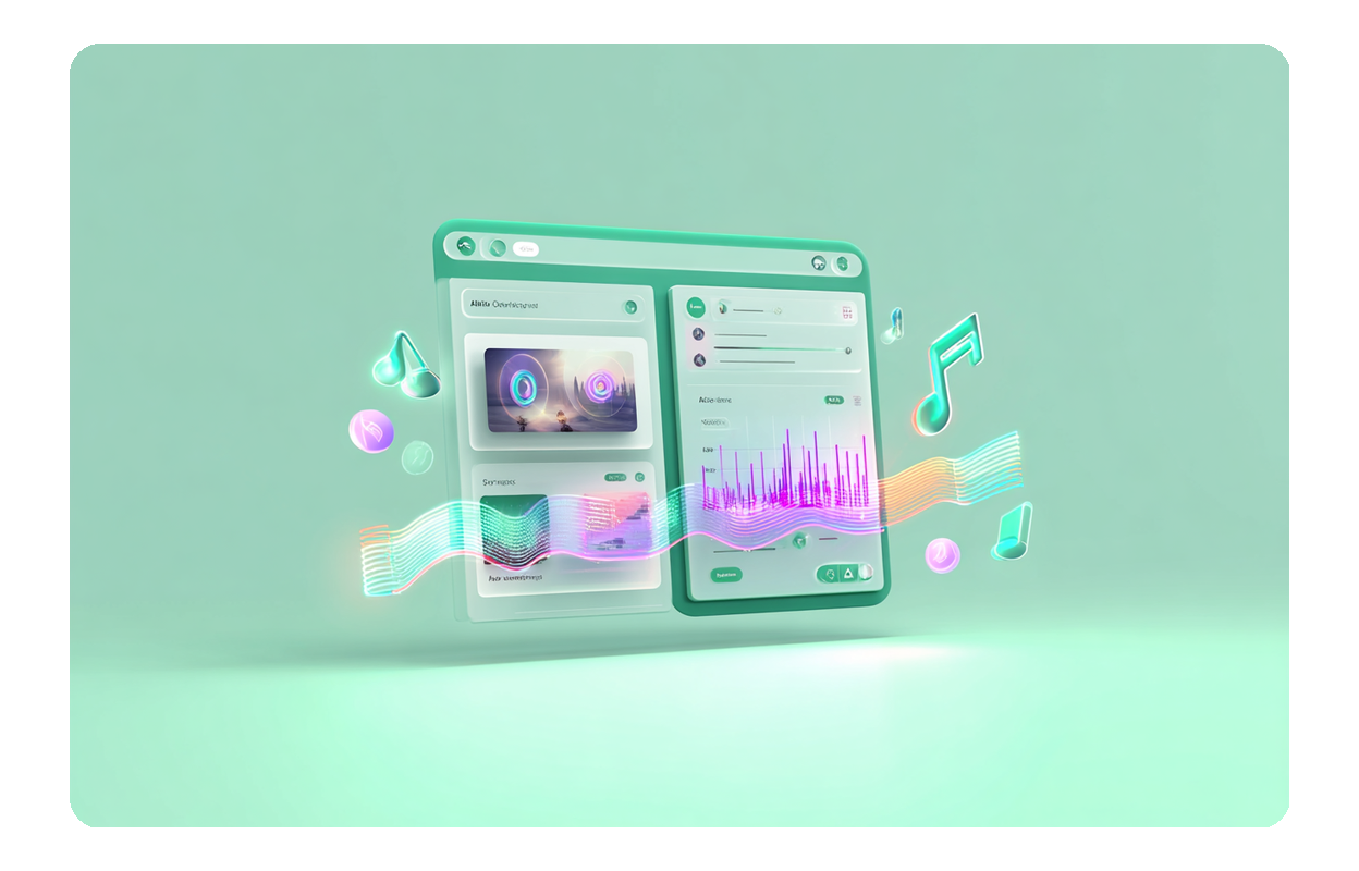 Floating interface showcasing the AI image to music process, analyzing visual content to generate perfectly matched soundtracks.