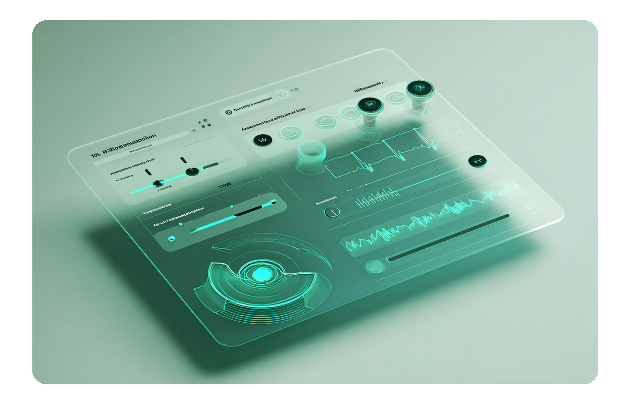 Futuristic glass control panel for the image to music generator, allowing users to fine-tune tempo and instrument settings.
