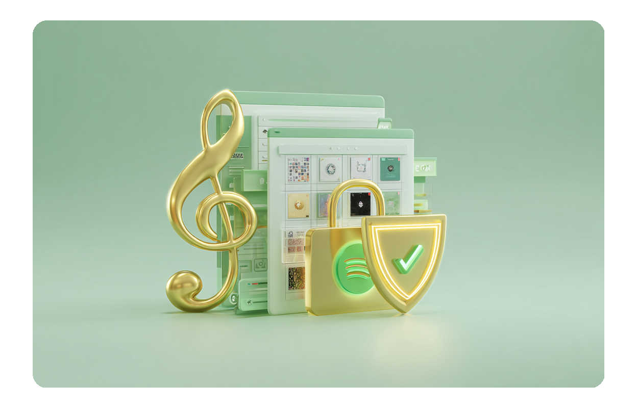 Gold music note and shield symbolizing secure, royalty-free commercial rights for tracks created with photo to music technology.