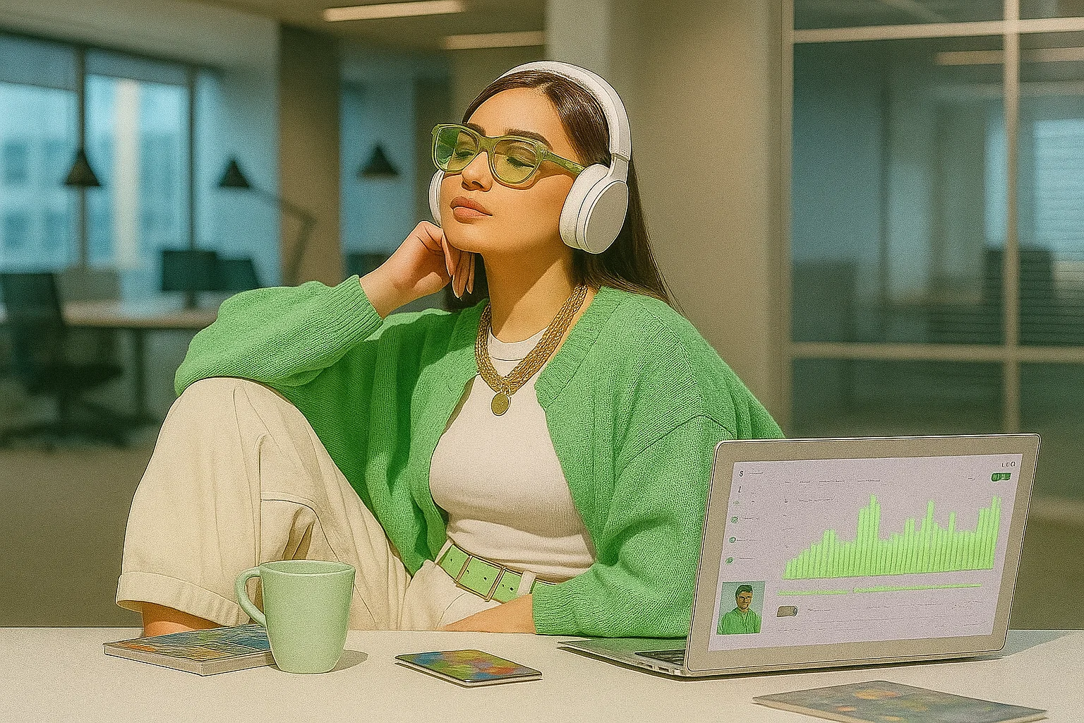 Marketer working on a laptop, using photo to music technology to create custom soundtracks for brand campaigns.