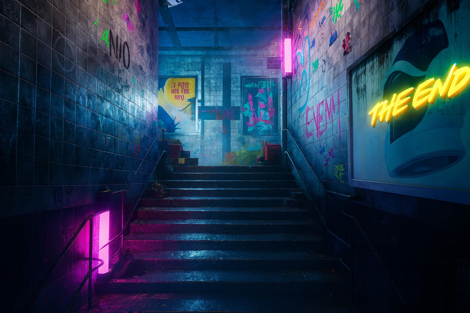 Neon-lit concrete staircase with graffiti art, serving as a style example for the AI music generator from image.