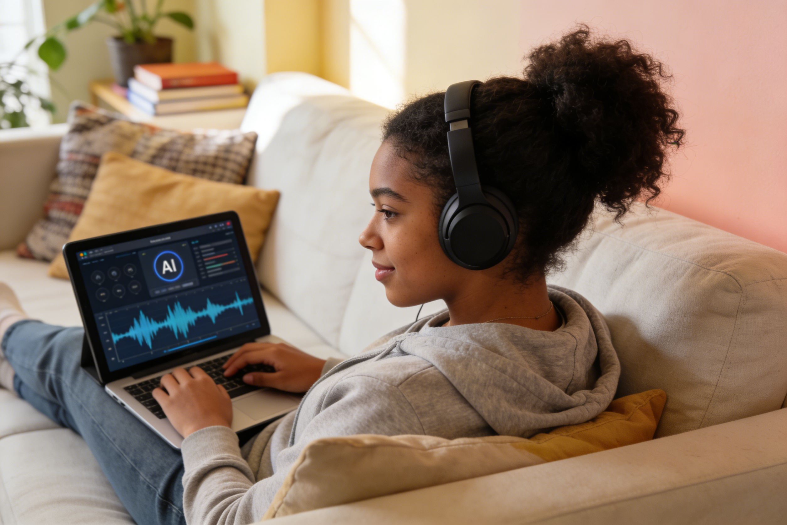 AI BGMジェネレーターで勉強する学生