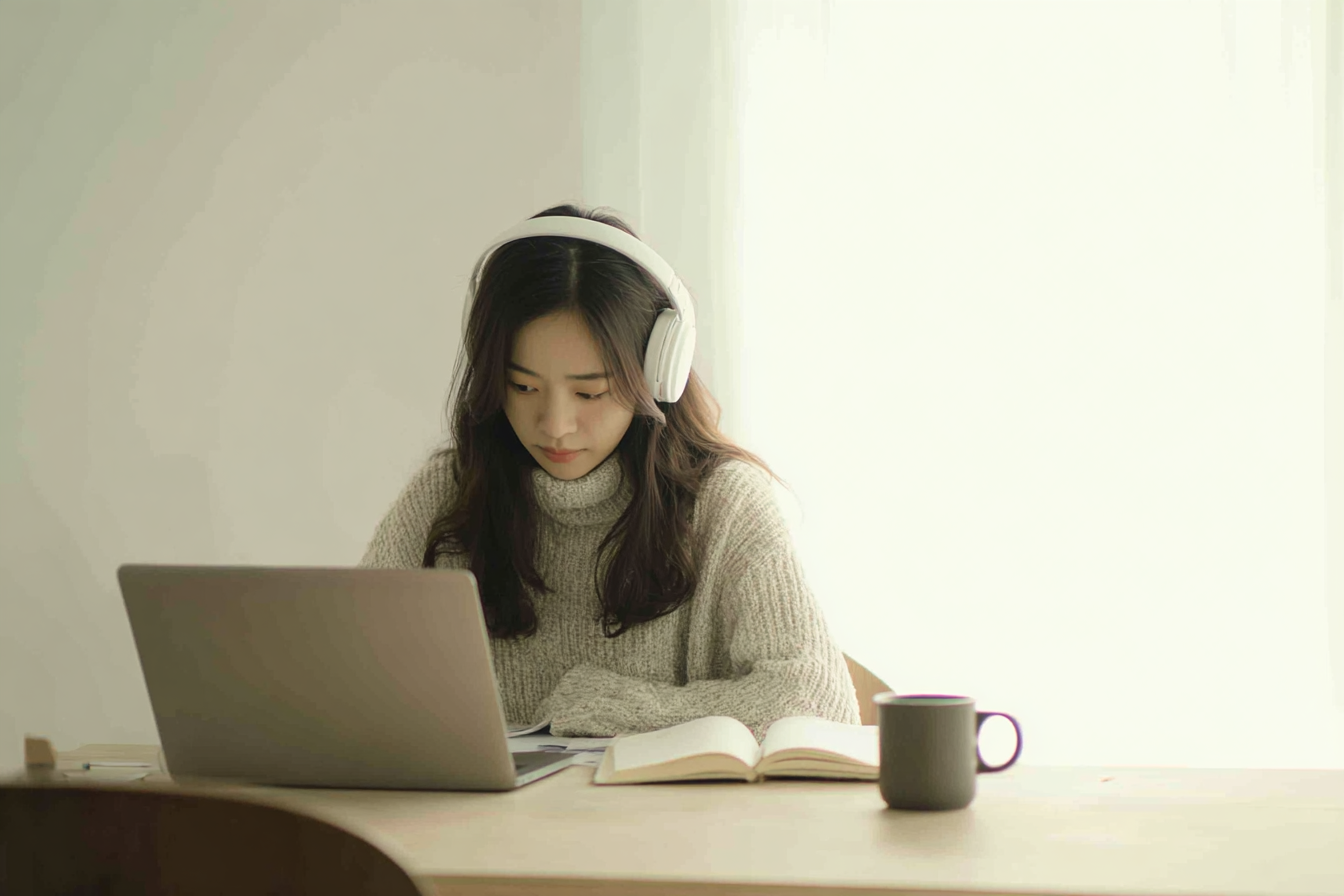 ノイズジェネレーターを使って集中する学生。