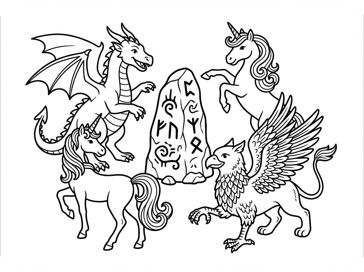 Ilustração de Página para Colorir de Bestas Míticas