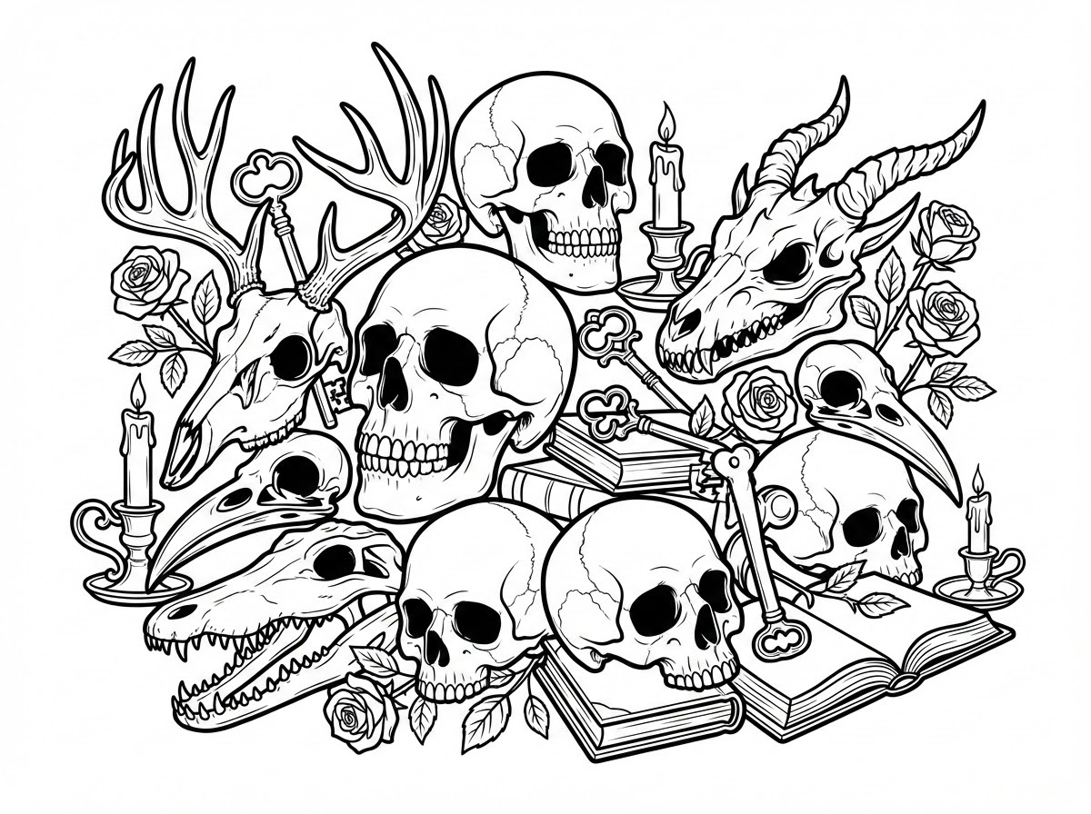 Minh họa trang tô màu nghệ thuật đầu lâu