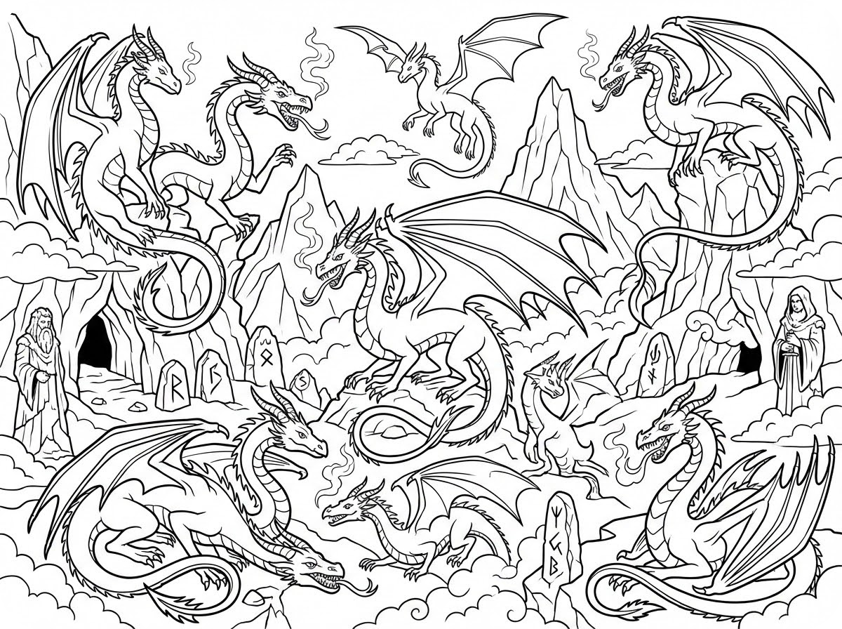 Minh họa trang tô màu rồng