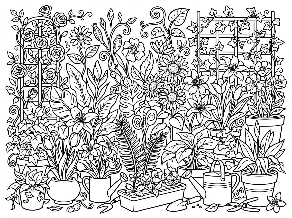 花卉涂色页插画