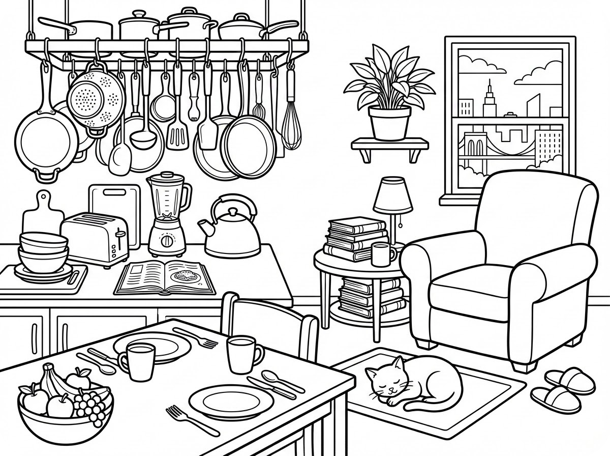 温馨日常生活涂色页插图