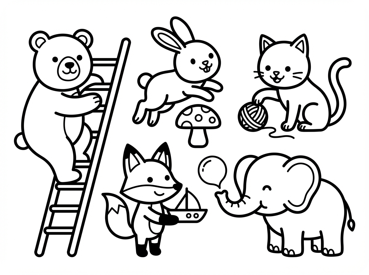 可爱动物卡通涂色页插画