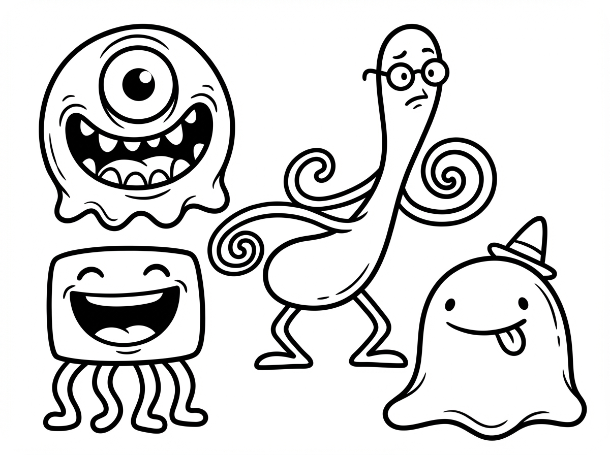 搞笑卡通怪物涂色页插画