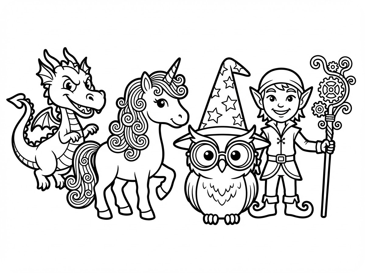 奇幻卡通人物涂色页插画