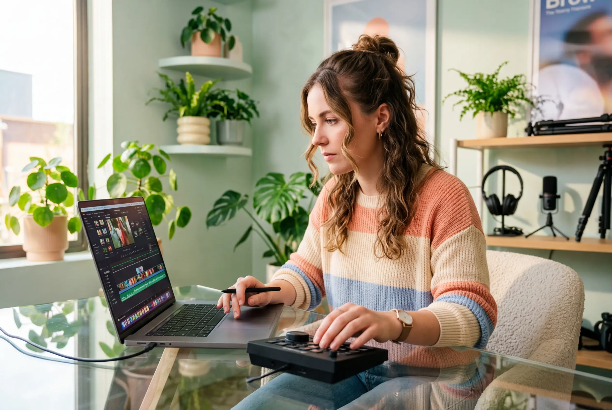 Creator applying celebration firework effect to vlog