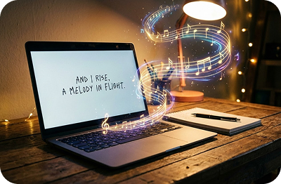 A laptop displaying lyrics being synced into a melody using AI music generator with vocals