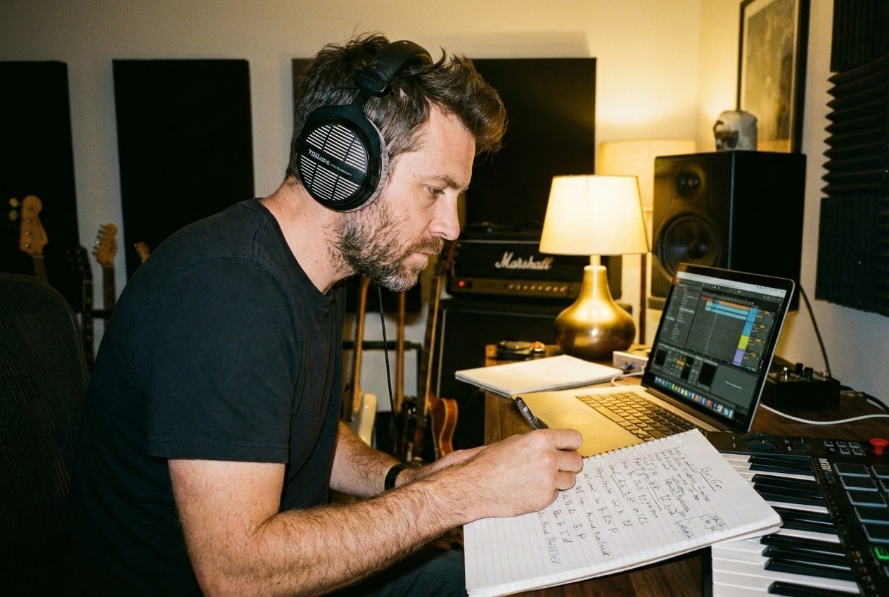 Songwriter creating song demos using AI music generator with vocals