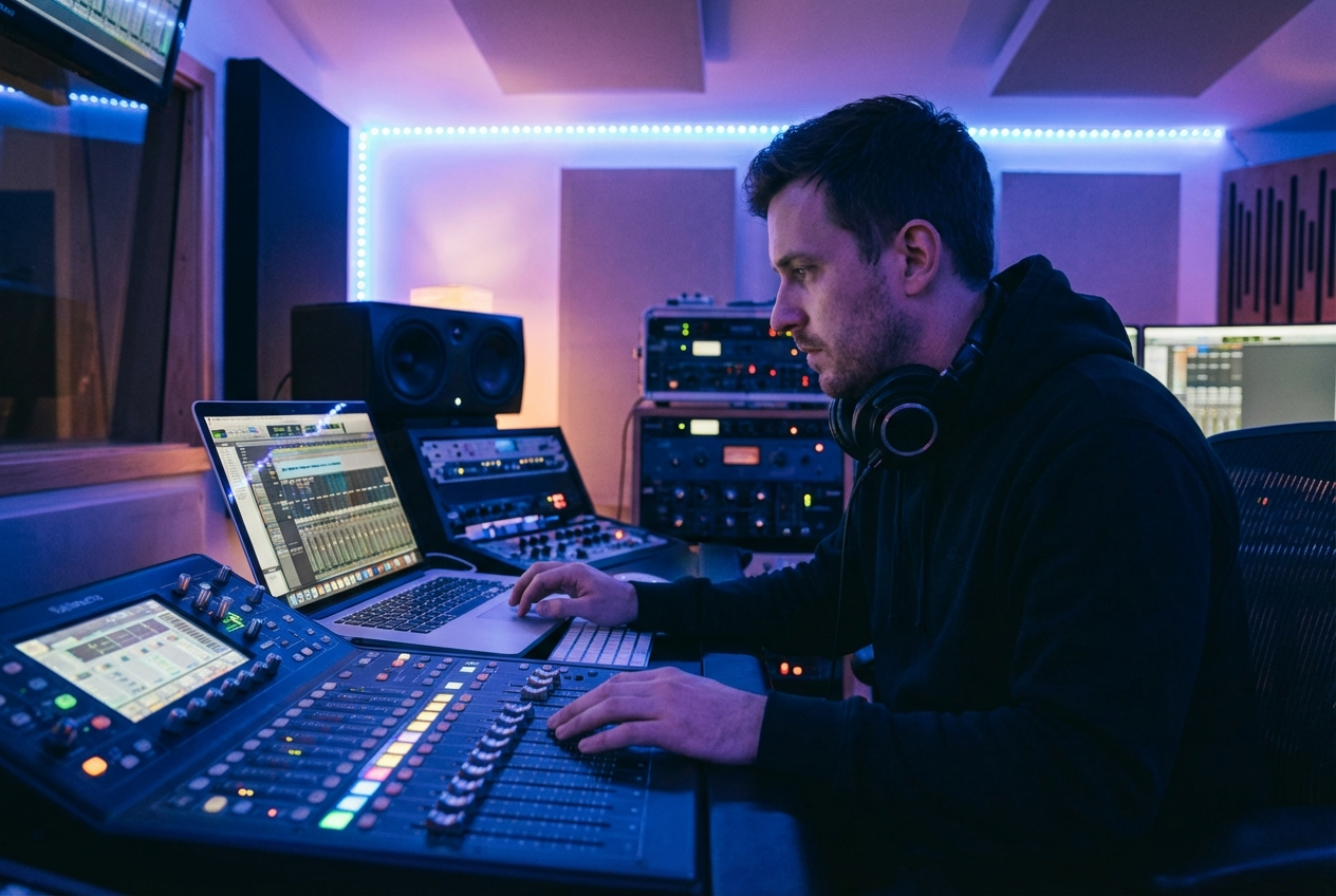 DJs tap tempo to find BPM in a recording studio.