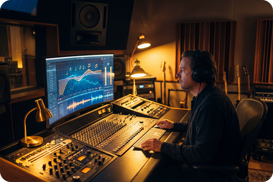 工程师在录音室验证调性检测器的准确性。