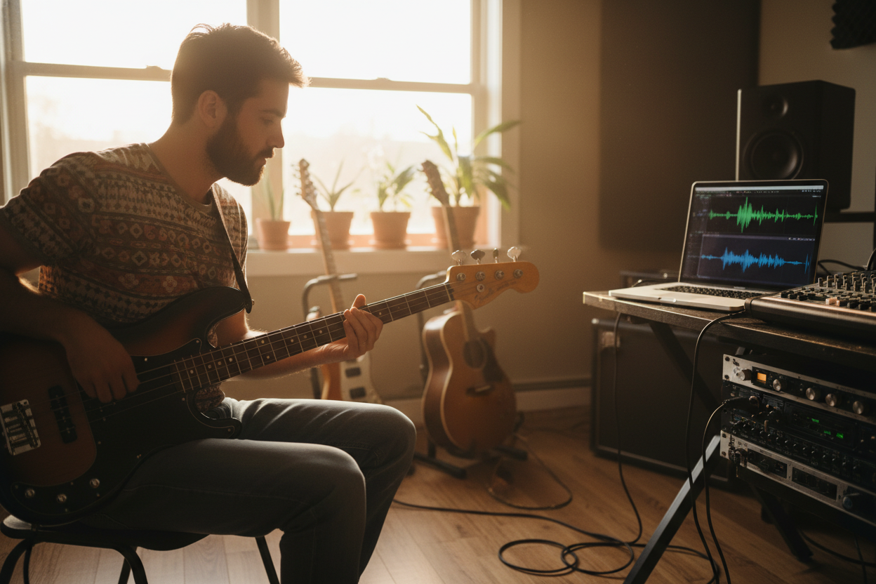 Guitarist practicing with isolated tracks from Vocal Splitter.