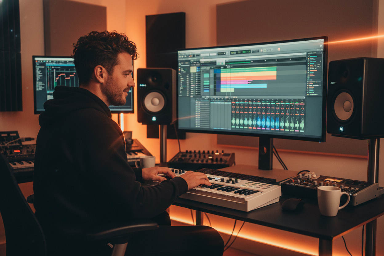 Music producer using BPM Calculator in a recording studio.