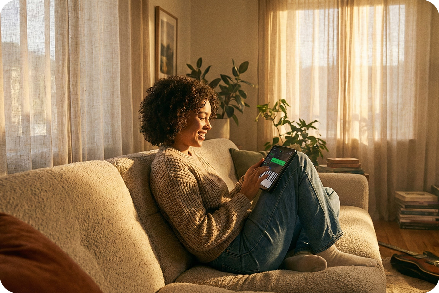 Anfänger erstellt Musik einfach mit dem Jingle-Ersteller auf dem Tablet.