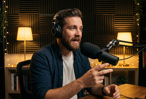 Podcaster nimmt ein Intro mit dem Jingle-Ersteller auf.