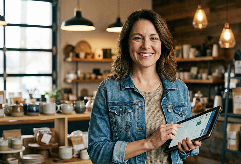 Kleinunternehmer erstellt Werbung mit dem Jingle-Ersteller.