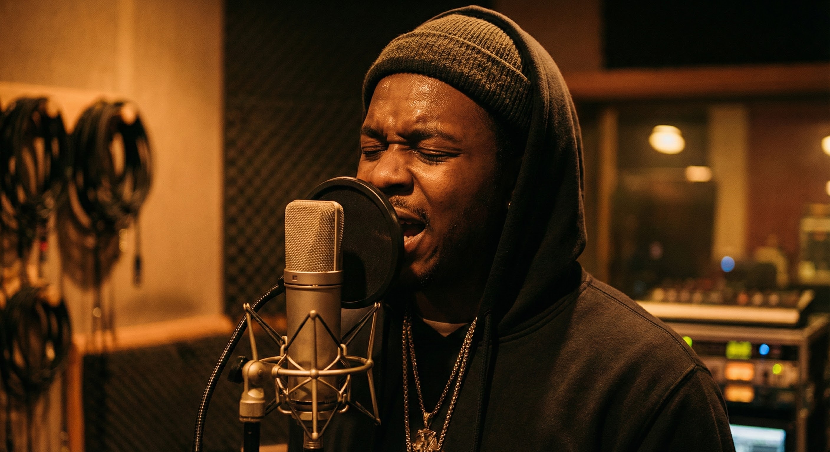 Rapero grabando voces sobre una pista del Creador de Beats de Rap.