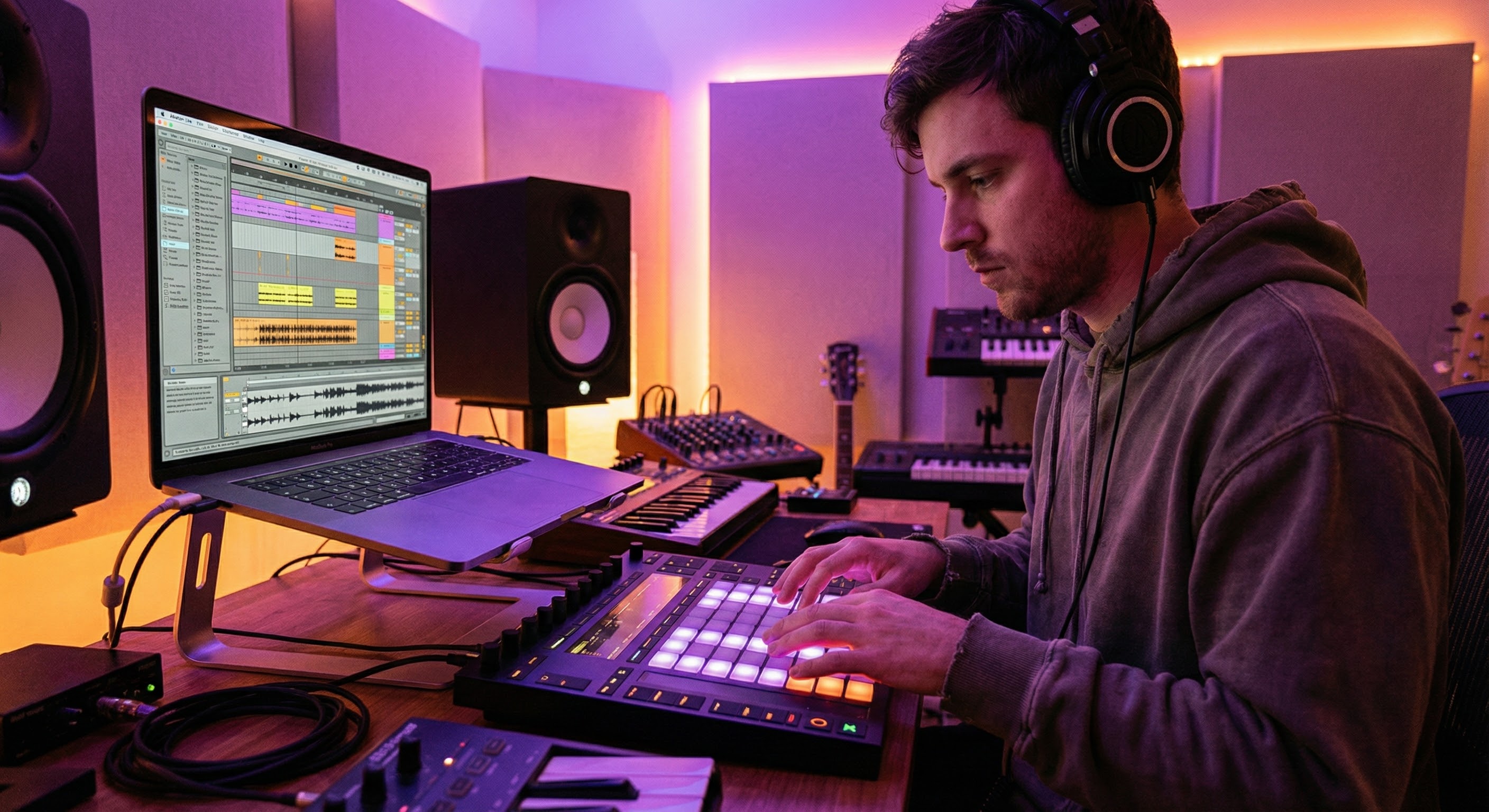 Productor componiendo ritmos con el Creador de Beats de Rap online.