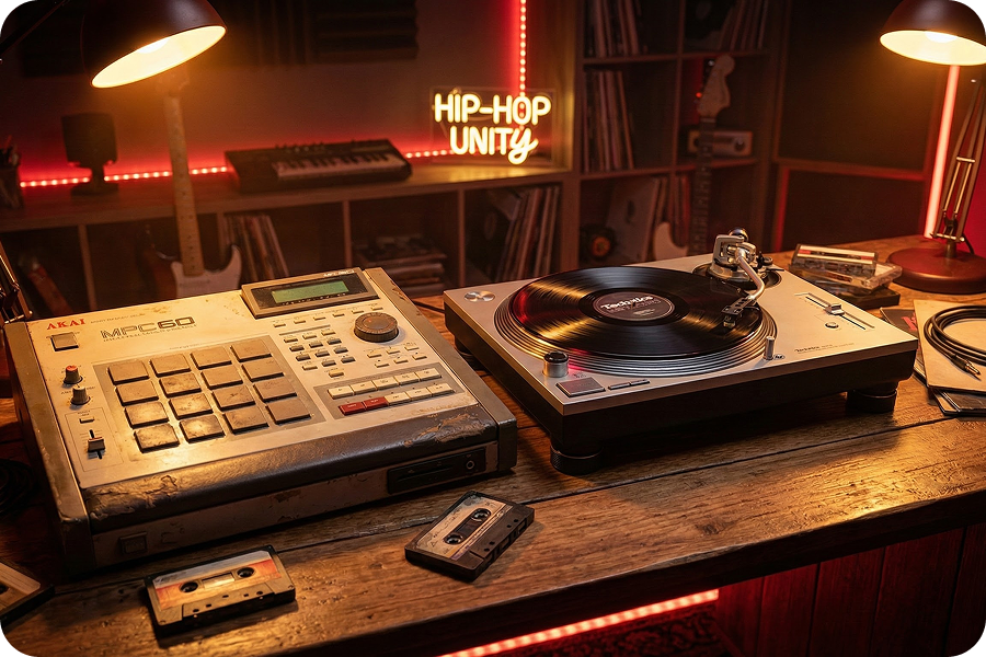 Diverso equipo de hip-hop representando el Creador de Beats de Rap.