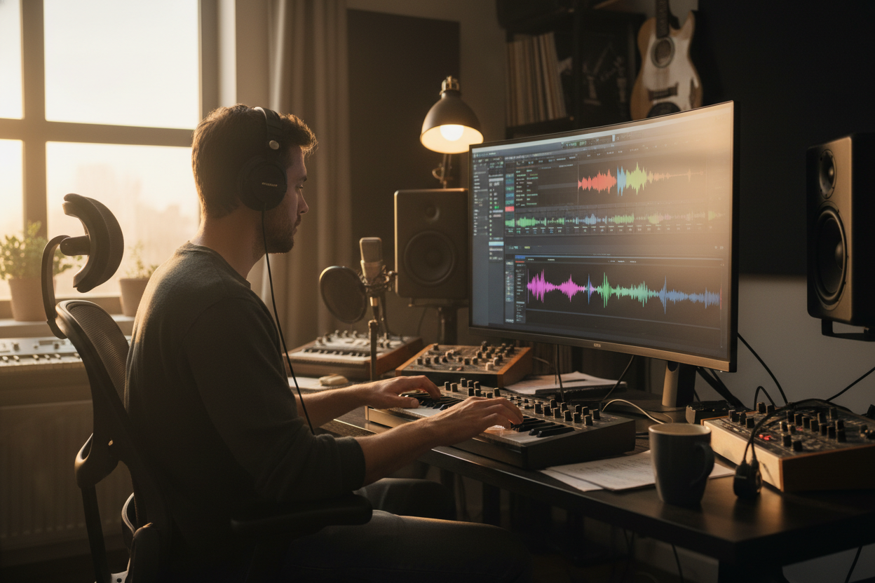 Nhà sản xuất âm nhạc đang sử dụng trình tách stem AI để cô lập các track âm thanh trên màn hình máy tính.