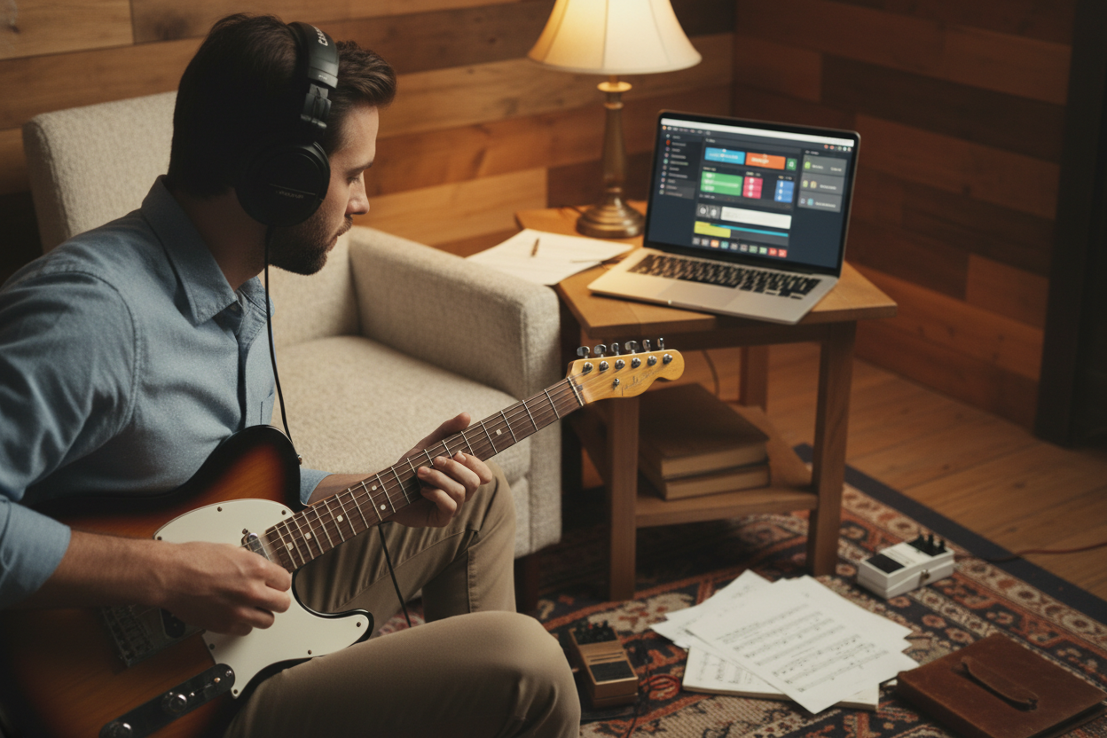 Nghệ sĩ guitar đeo tai nghe luyện tập bằng trình tách stem AI trên laptop để chơi cùng các bản nhạc đệm đã được tách biệt