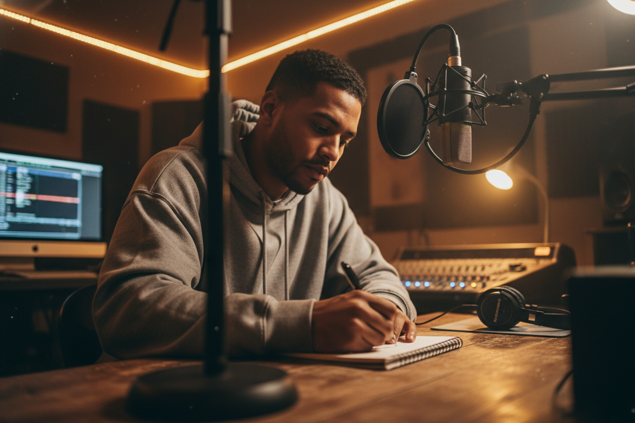 Rapper in a home studio writing down rhymes and lyrics inspired by an AI diss track generator.