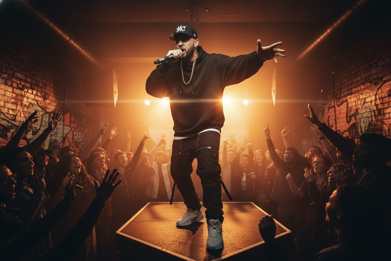 Rapper performing a live song on stage using verses created by a diss track generator to hype up the crowd.