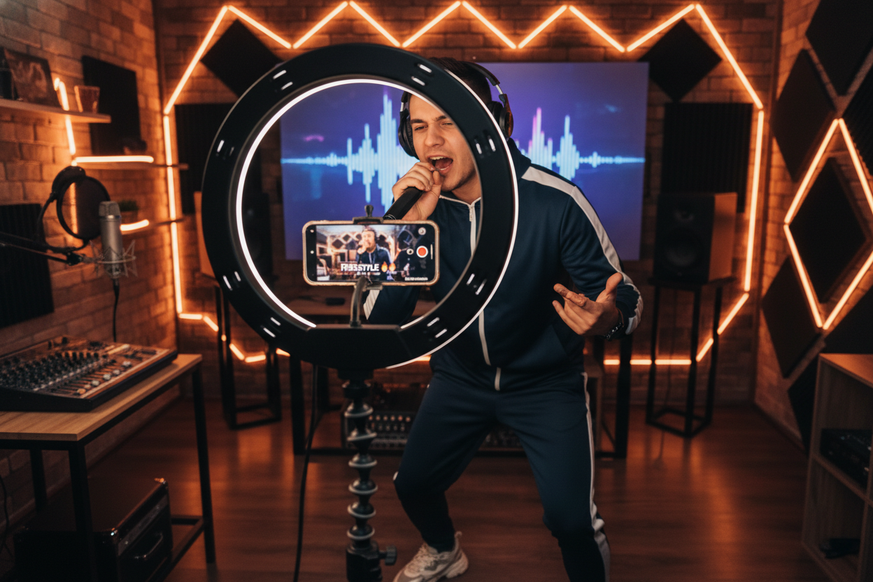 creator recording a viral rap video on a smartphone using lyrics from a diss track generator