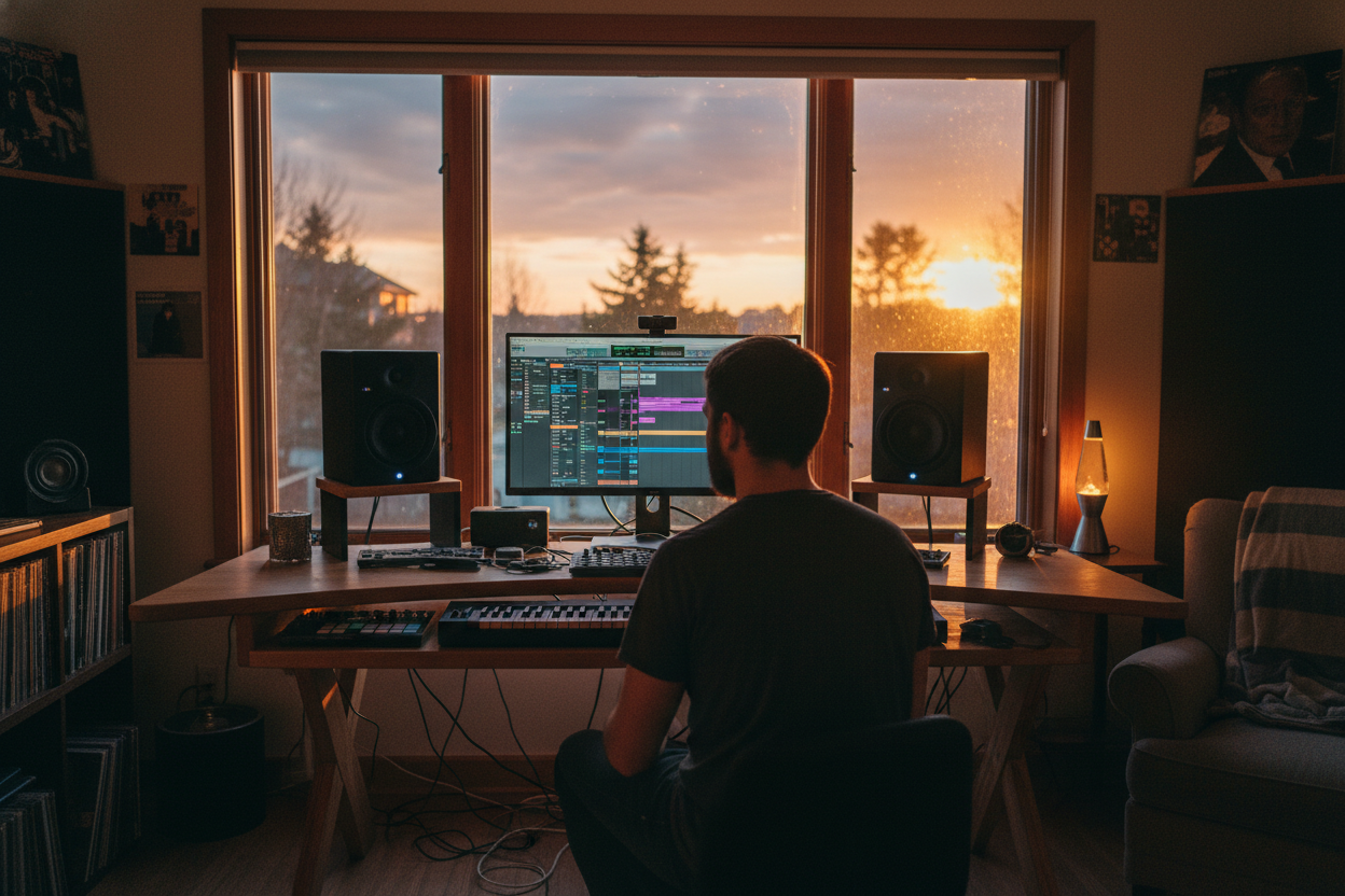 Music producer in a home studio at sunset analyzing an audio track with a BPM detector tool on his computer monitor.