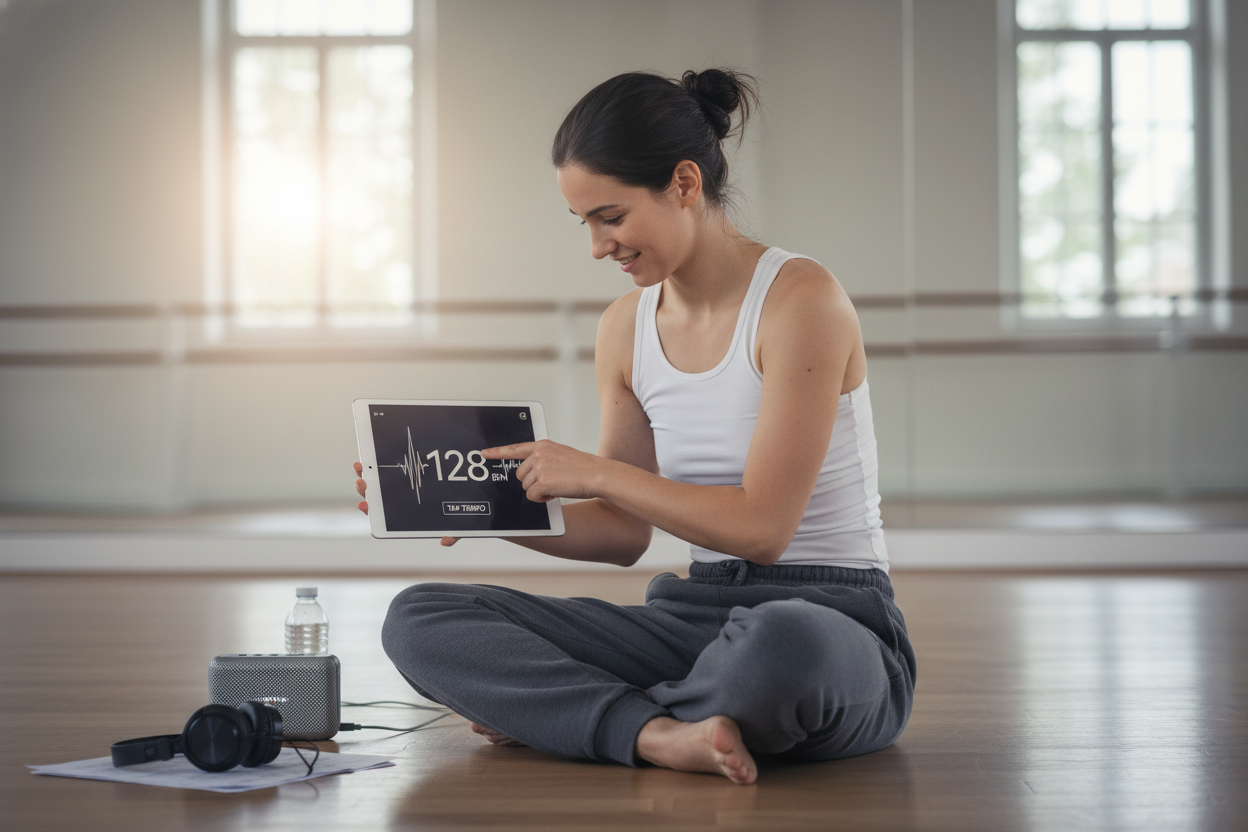Dancer checking the tempo of a song on a tablet using a BPM detector app during a rehearsal in a studio.