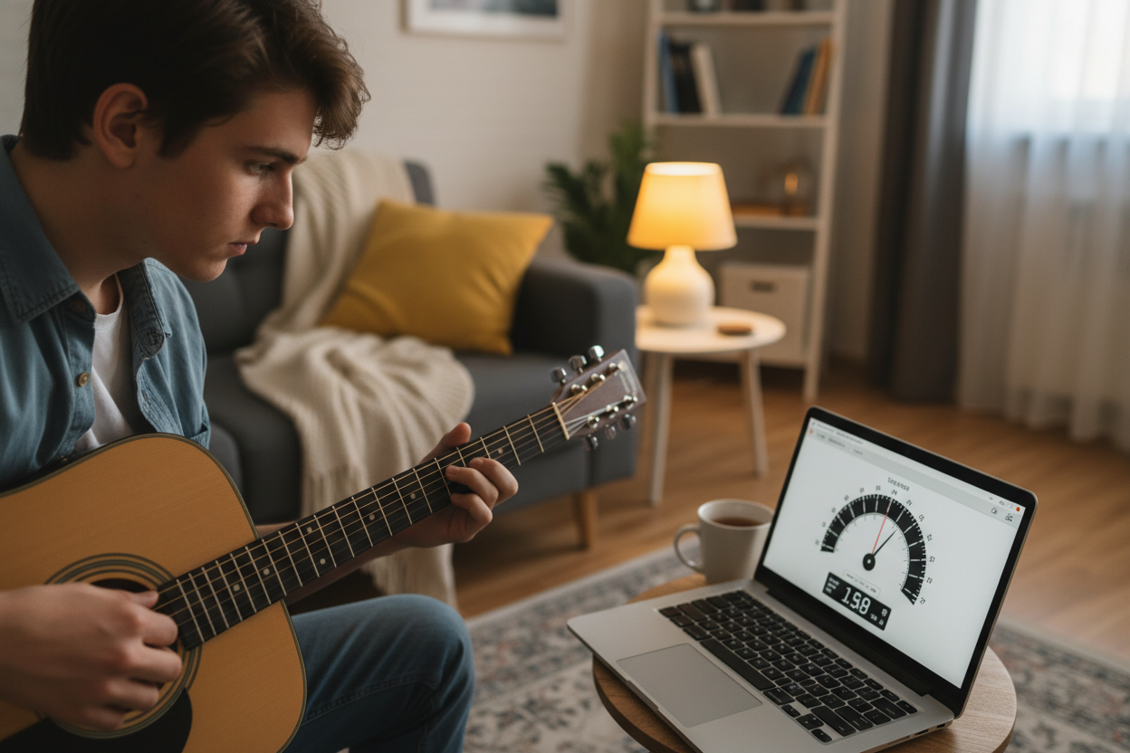 Guitarist practicing at home using an online BPM detector on a laptop to find the speed of a song for learning.