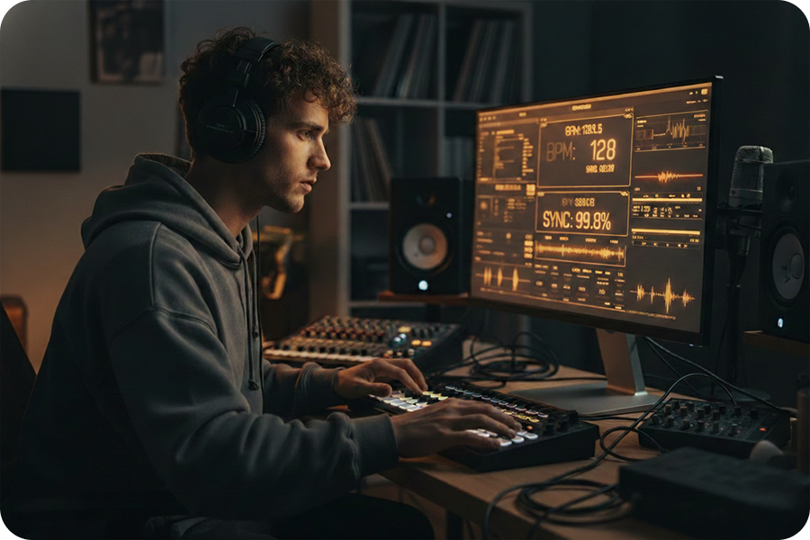 Music producer using an AI-powered BPM detector on a desktop monitor to analyze the tempo and key of an audio track with high precision.