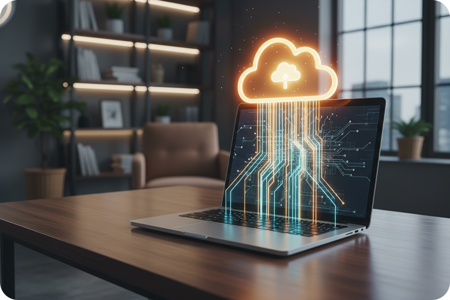Digital concept of cloud computing technology processing music files rapidly for a cloud-based BPM detector on a laptop.